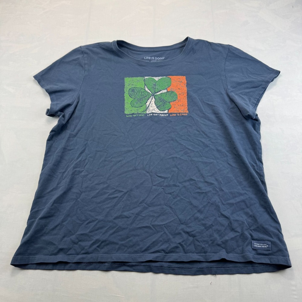 Life is Good Crusher T-Shirt Womens XXL Blue Shamrock Graphic Short Sleeve Tee